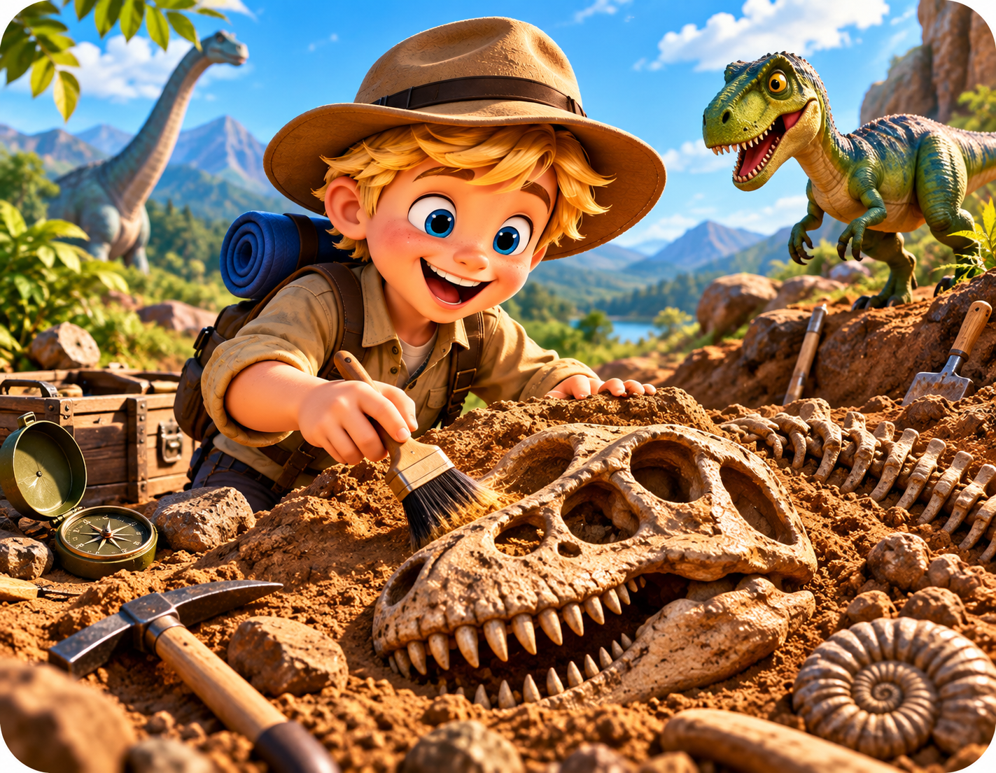 A young explorer brushing dirt off a large dinosaur skull fossil at a dig site with a compass, pickaxe and ammonite