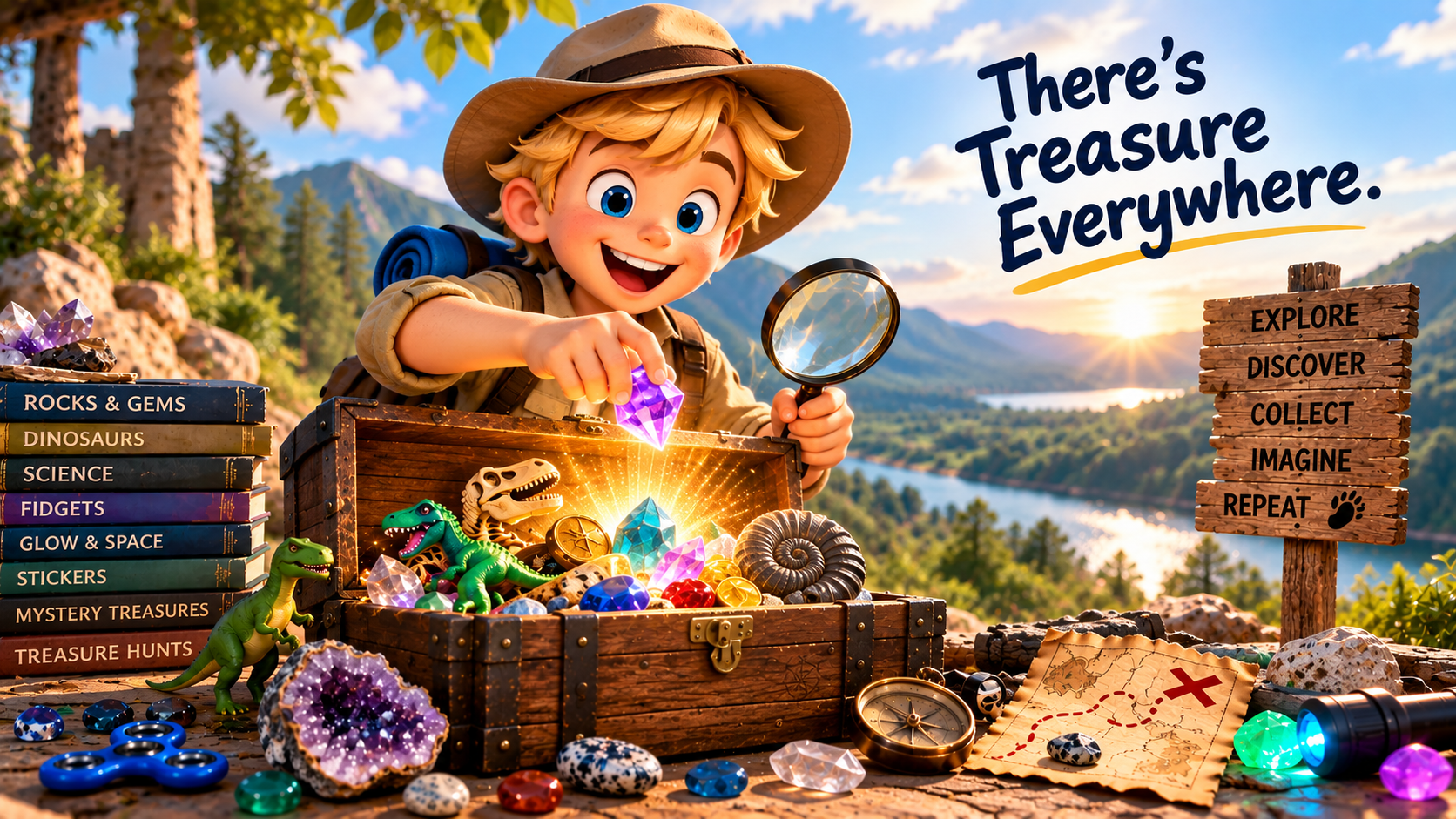 Charles the young explorer lifting a glowing gem from a treasure chest full of fossils, crystals and finds, beside the words There's Treasure Everywhere